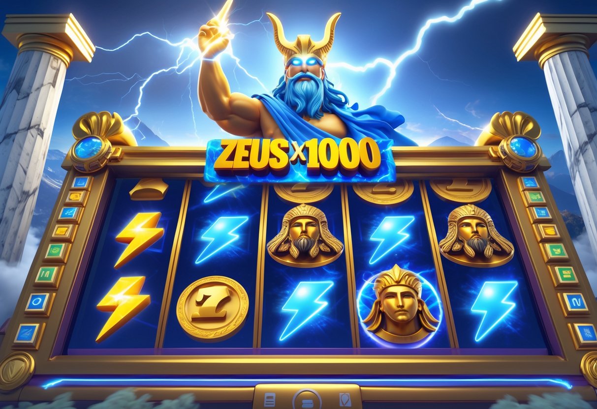 Gambaran mesin slot online dengan sosok Zeus memegang petir di latar belakang, dikelilingi simbol-simbol petir dan koin emas.