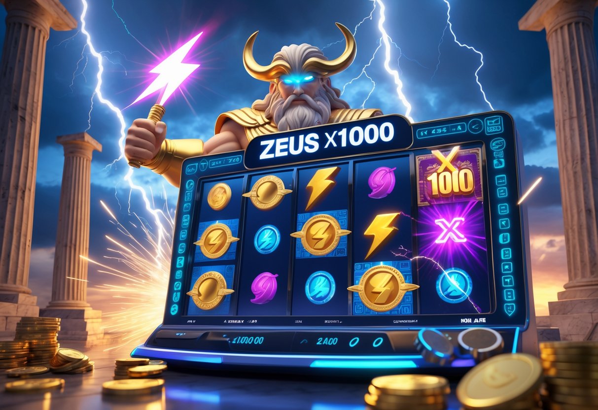 Gambaran mesin slot Zeus x1000 dengan tokoh Zeus memegang petir di depan kuil Yunani kuno dan langit badai.