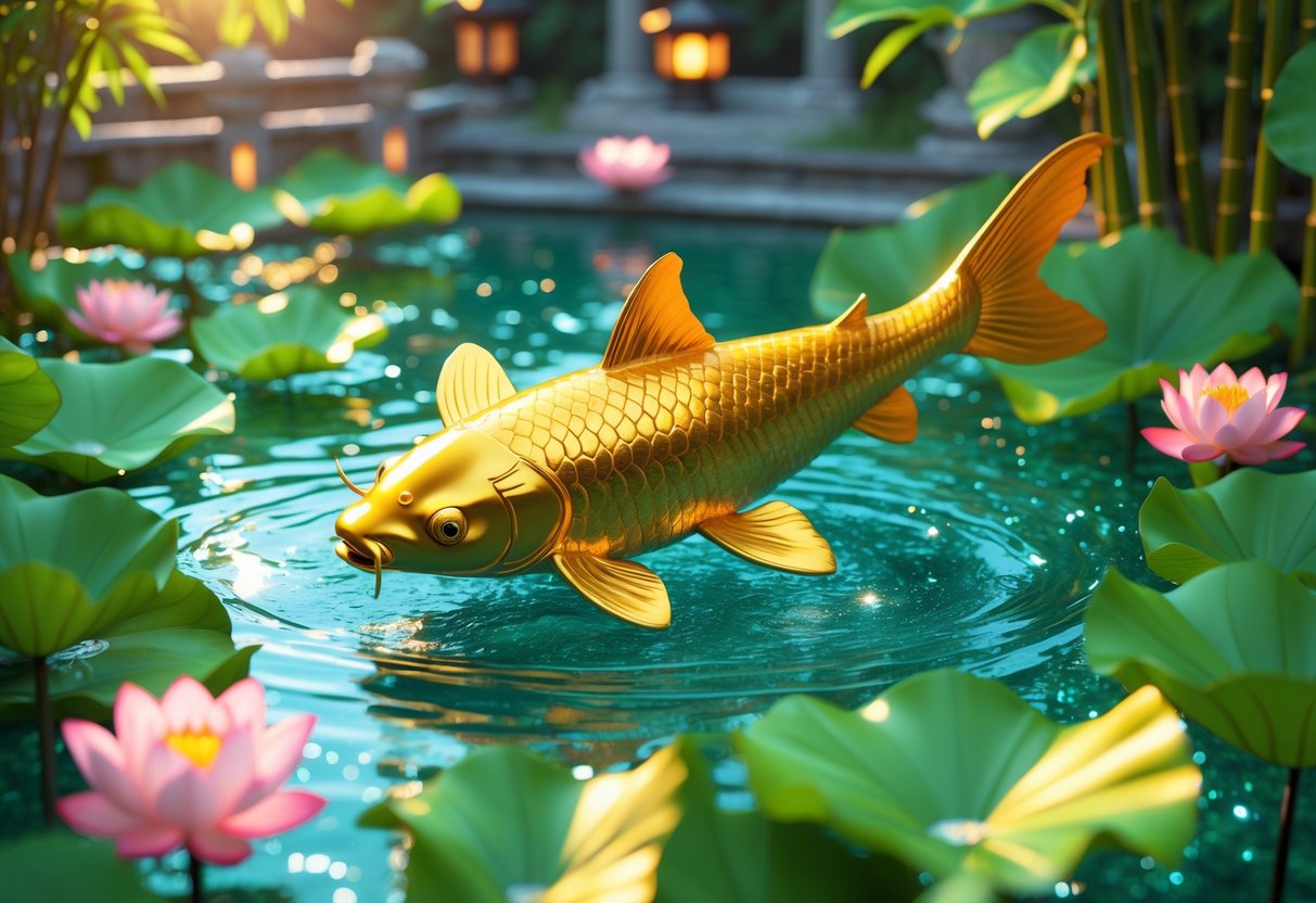 Seekor ikan koi emas berenang di kolam dengan daun teratai hijau dan bunga teratai merah muda di sekitarnya.