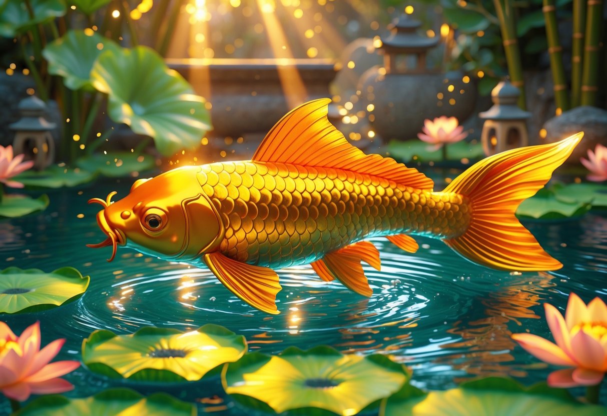 Ikan koi emas berenang di kolam dengan bunga teratai dan daun teratai, dikelilingi taman tradisional Asia.