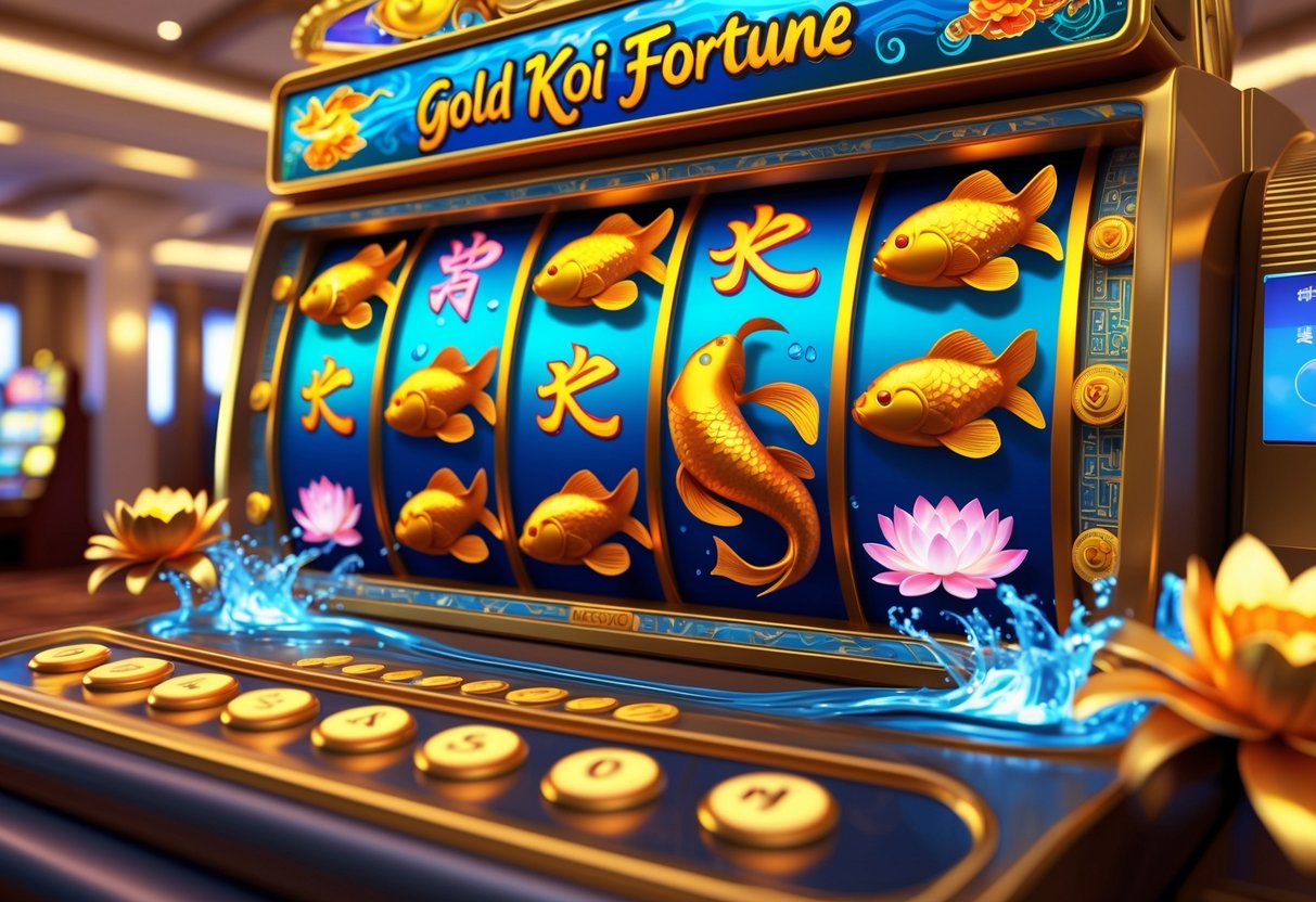 Gambaran mesin slot dengan ikan koi emas, bunga teratai, dan koin emas di latar kasino yang elegan.