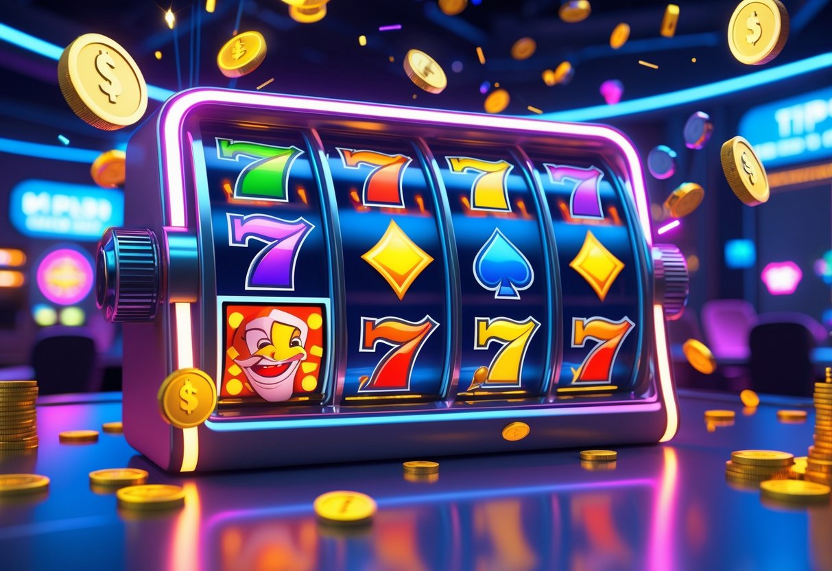 Tampilan mesin slot digital dengan simbol Joker dan animasi koin yang berputar di lingkungan kasino futuristik.
