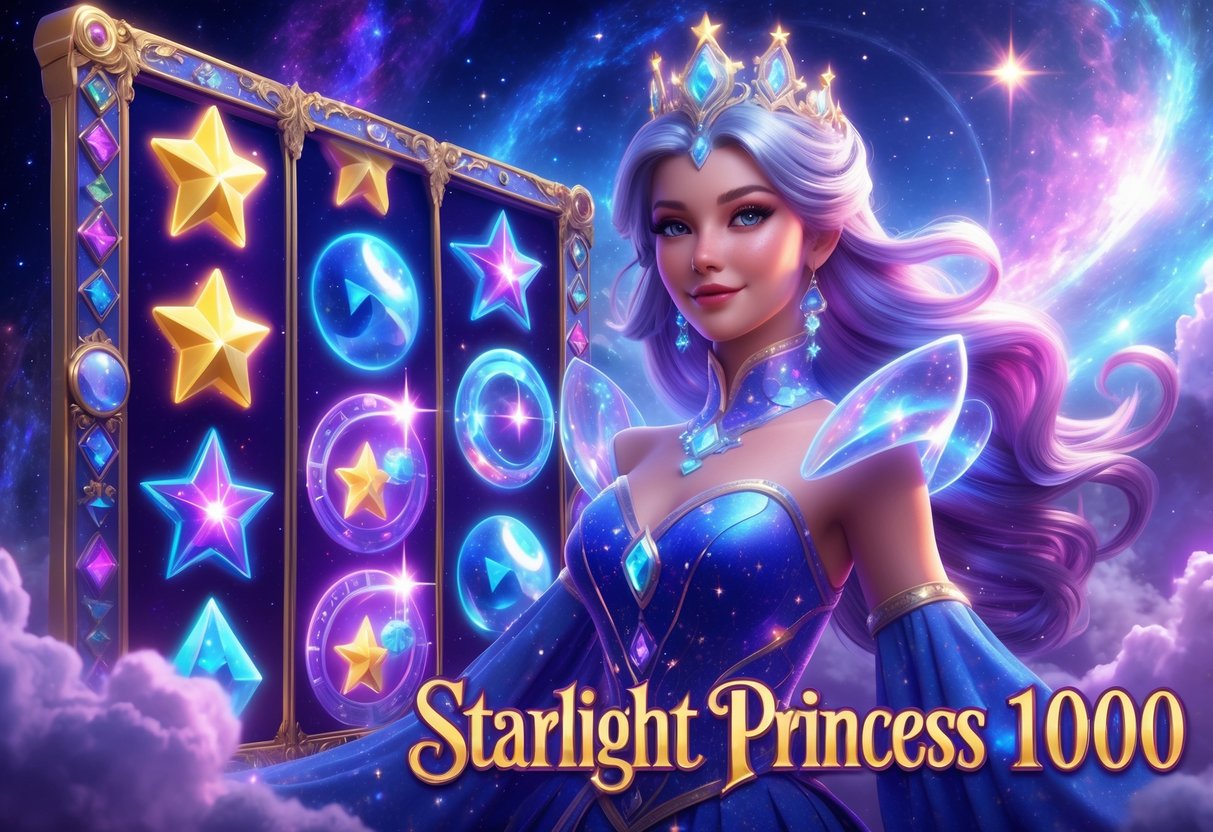 Pemandangan seorang putri bercahaya dengan simbol mesin slot berwarna-warni di latar belakang kosmik yang penuh bintang dan galaksi.