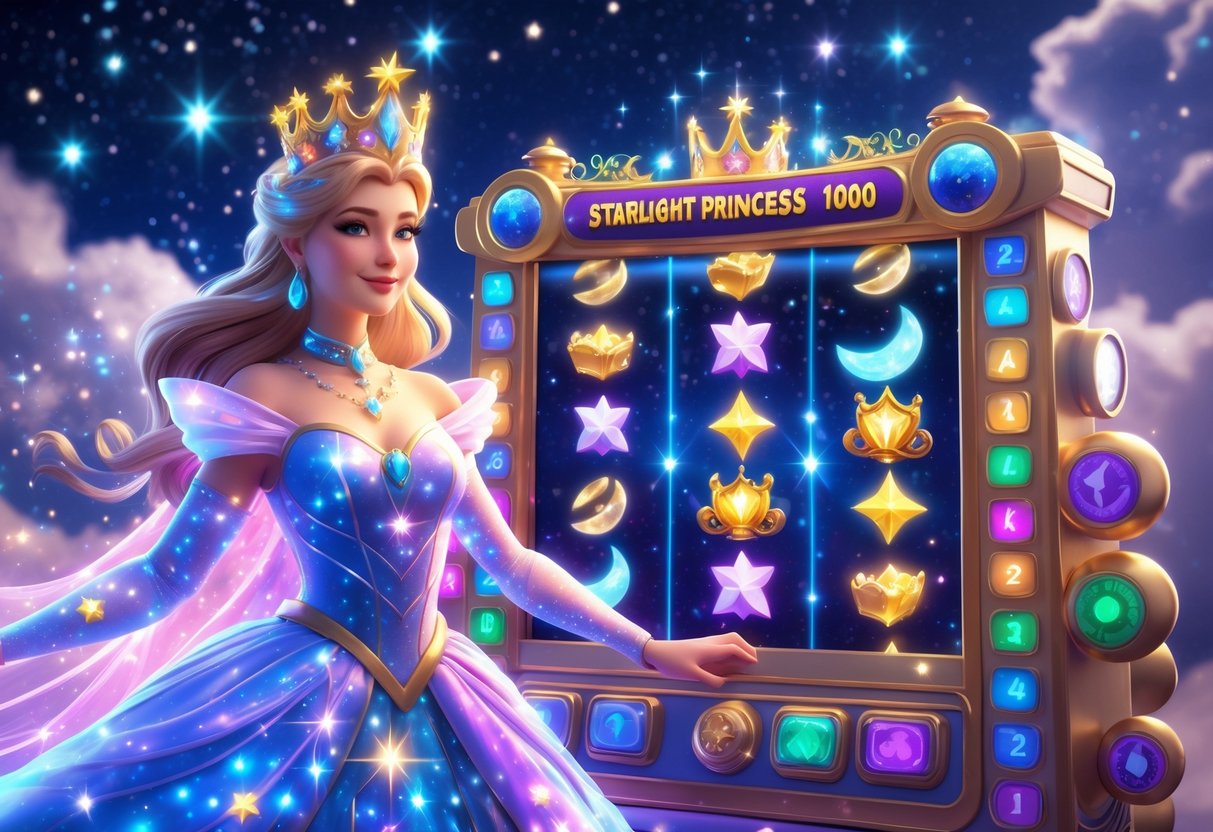 Sebuah mesin slot dengan putaran berwarna-warni dan seorang putri bercahaya dikelilingi bintang di latar langit malam yang bertabur bintang.