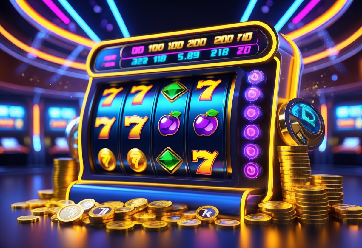 Mesin slot online dengan gulungan berwarna-warni, koin emas, dan latar belakang kasino futuristik yang cerah dan penuh lampu neon.