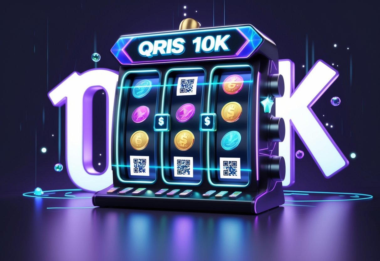 Gambaran mesin slot online dengan simbol QR code dan koin digital, dikelilingi efek cahaya holografik dan angka 10K yang mengambang.