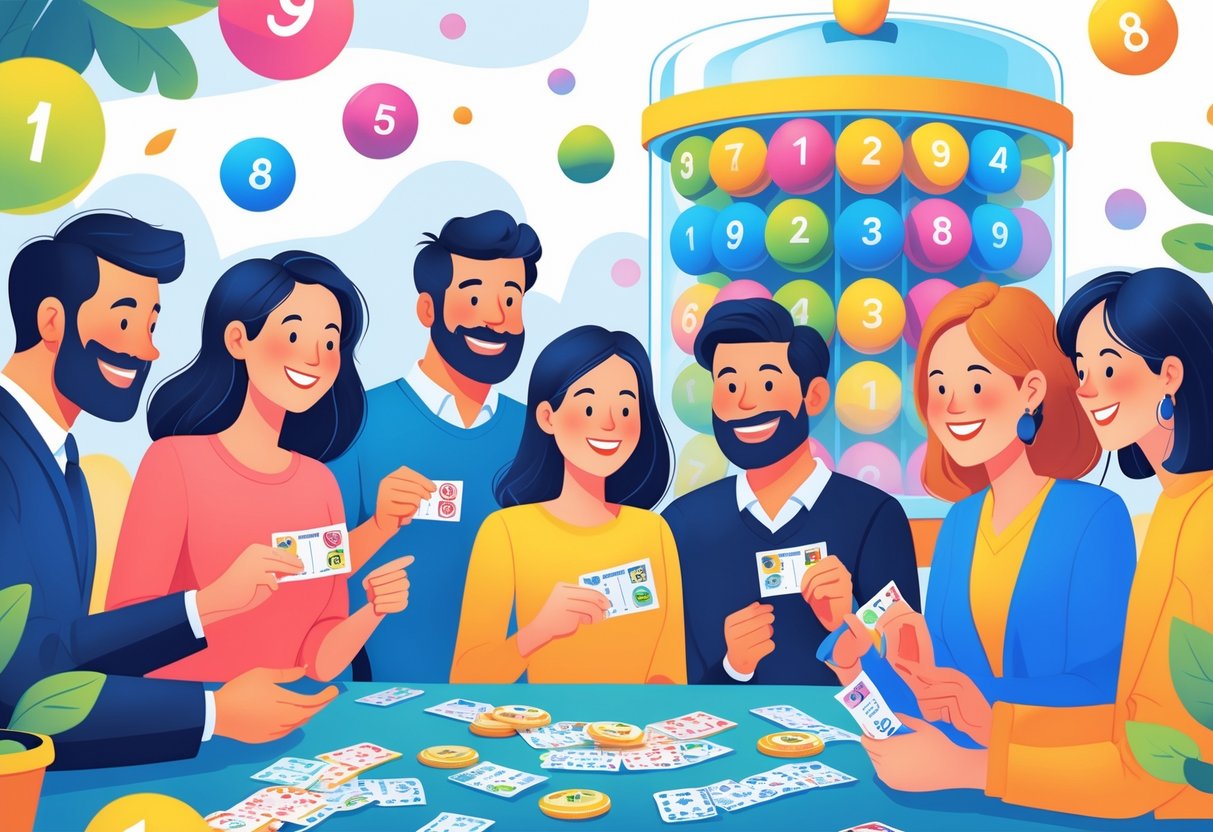 Sekelompok orang sedang bermain lotre dengan ekspresi senang dan antusias di sebuah ruangan yang cerah dan meriah, dengan bola lotre bernomor dan drum lotre di latar belakang.