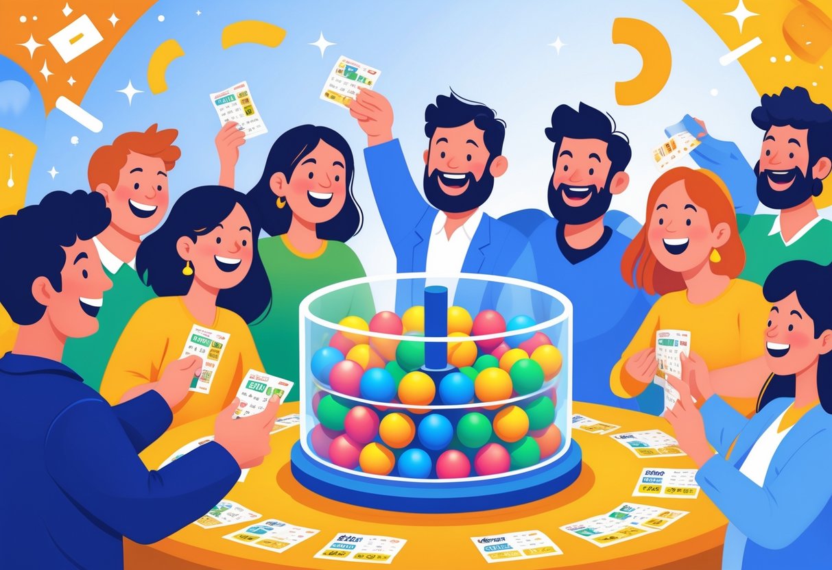 Beberapa orang sedang bermain lotre dengan sebuah drum lotre berisi bola bernomor yang sedang diputar, suasana ceria dan penuh harapan.