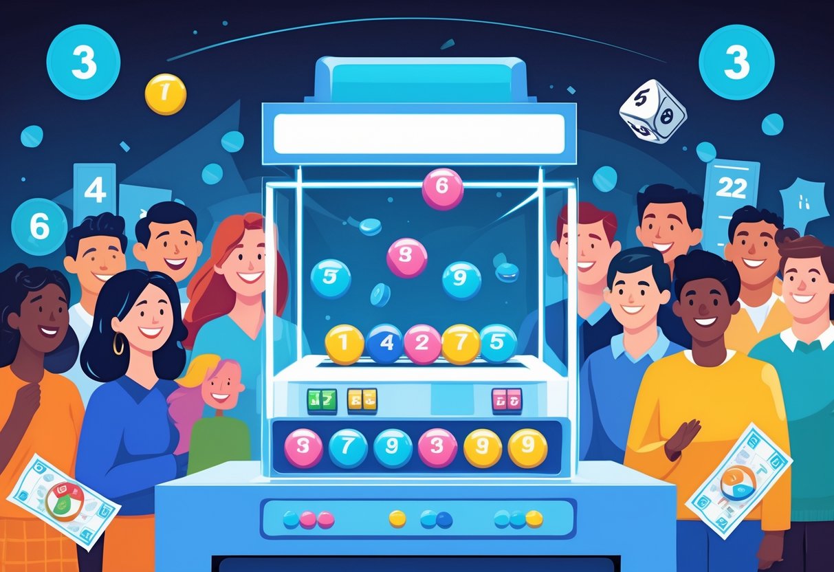 Orang-orang menonton mesin lotre transparan dengan bola bernomor yang sedang diundi dalam suasana hiburan.