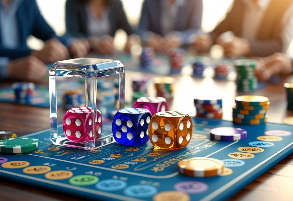 Sebuah meja permainan SicBo dengan shaker kaca berisi tiga dadu berwarna, chip taruhan berwarna-warni, dan papan taruhan, dengan latar belakang pemain yang sedang bermain.
