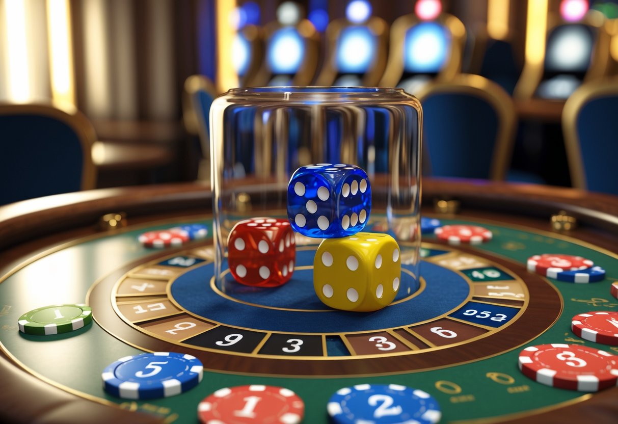 Meja permainan SicBo dengan shaker dadu transparan berisi tiga dadu berwarna sedang bergulir dan beberapa chip taruhan di sekitarnya.