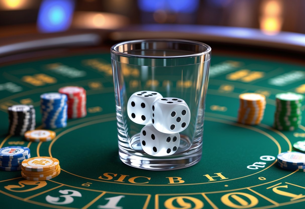 Meja permainan Sic Bo dengan tiga dadu transparan dalam shaker kaca, chip taruhan berwarna, dan area taruhan pada meja hijau.