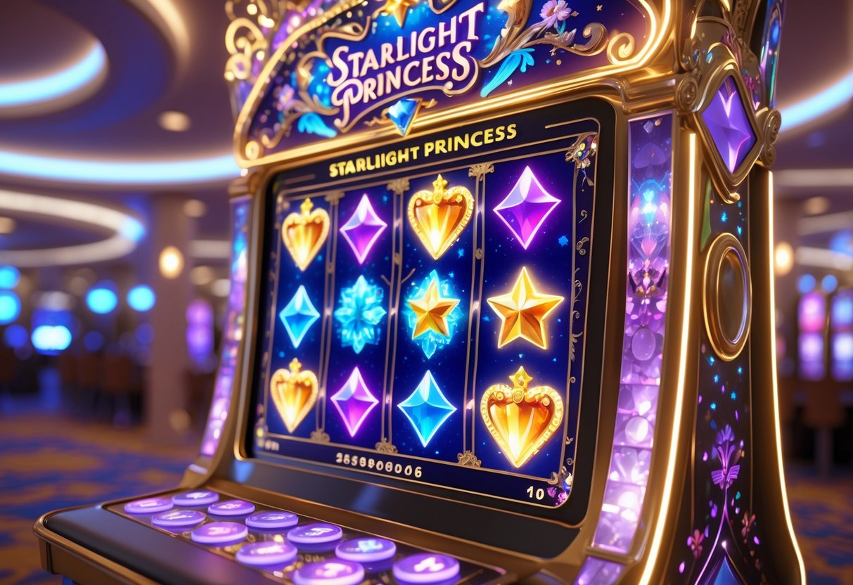 Mesin slot bertema putri bercahaya dengan simbol bintang dan permata berkilauan di dalam suasana kasino yang terang.
