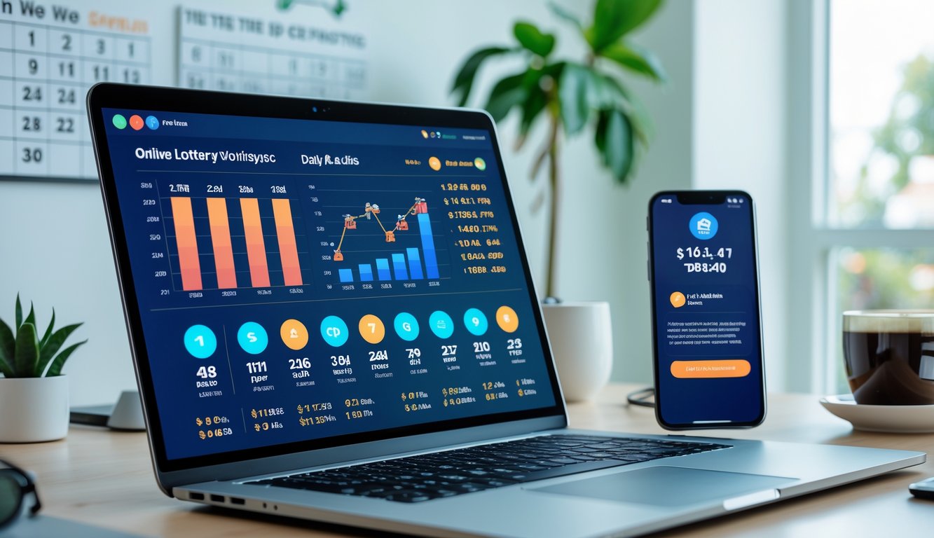 Meja kerja modern dengan laptop dan ponsel yang menampilkan hasil togel harian dalam suasana kantor yang terang dan rapi.