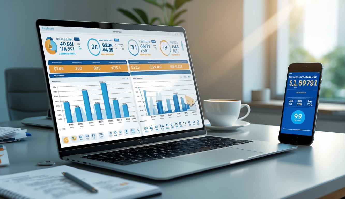 Meja kerja dengan laptop dan ponsel yang menampilkan grafik dan data angka terkini terkait togel online resmi.