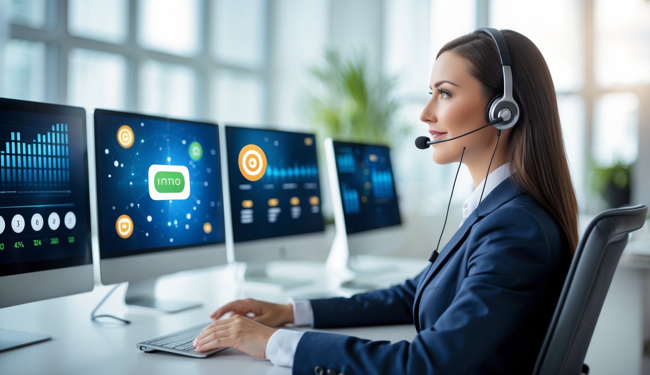 Seorang petugas layanan pelanggan profesional di kantor modern dengan beberapa layar komputer yang menampilkan grafik digital terkait lotere online.