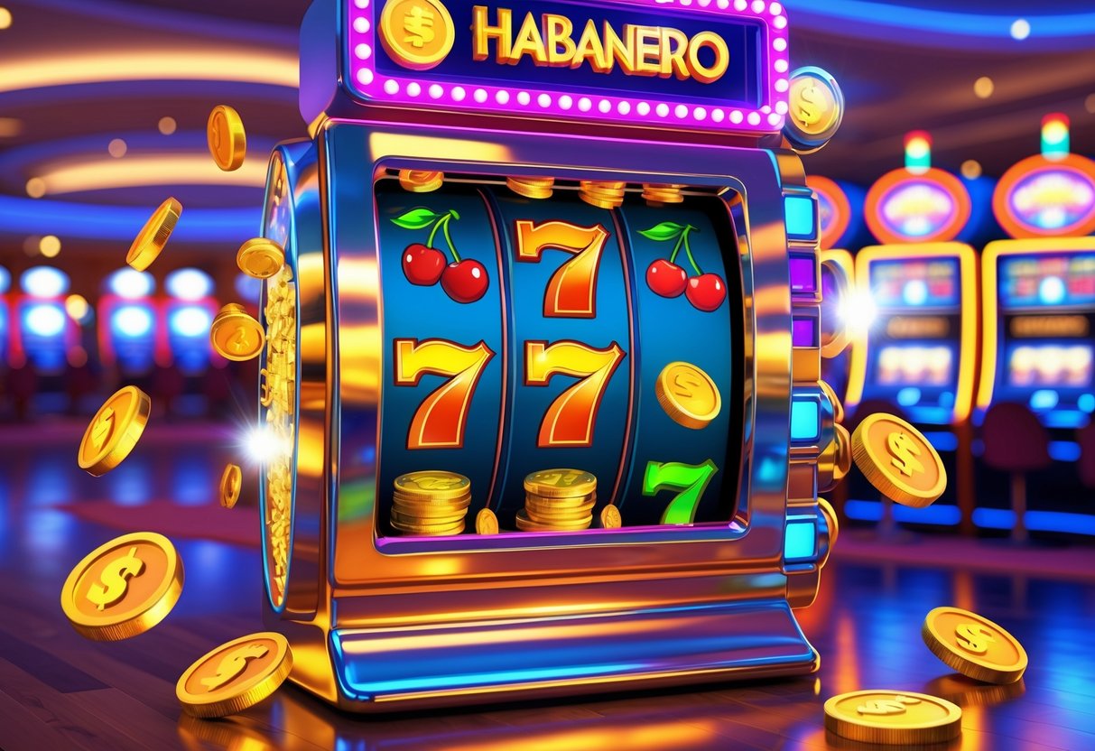 Mesin slot berwarna cerah dengan gulungan berputar menampilkan simbol buah dan koin emas di dalam suasana kasino yang meriah.