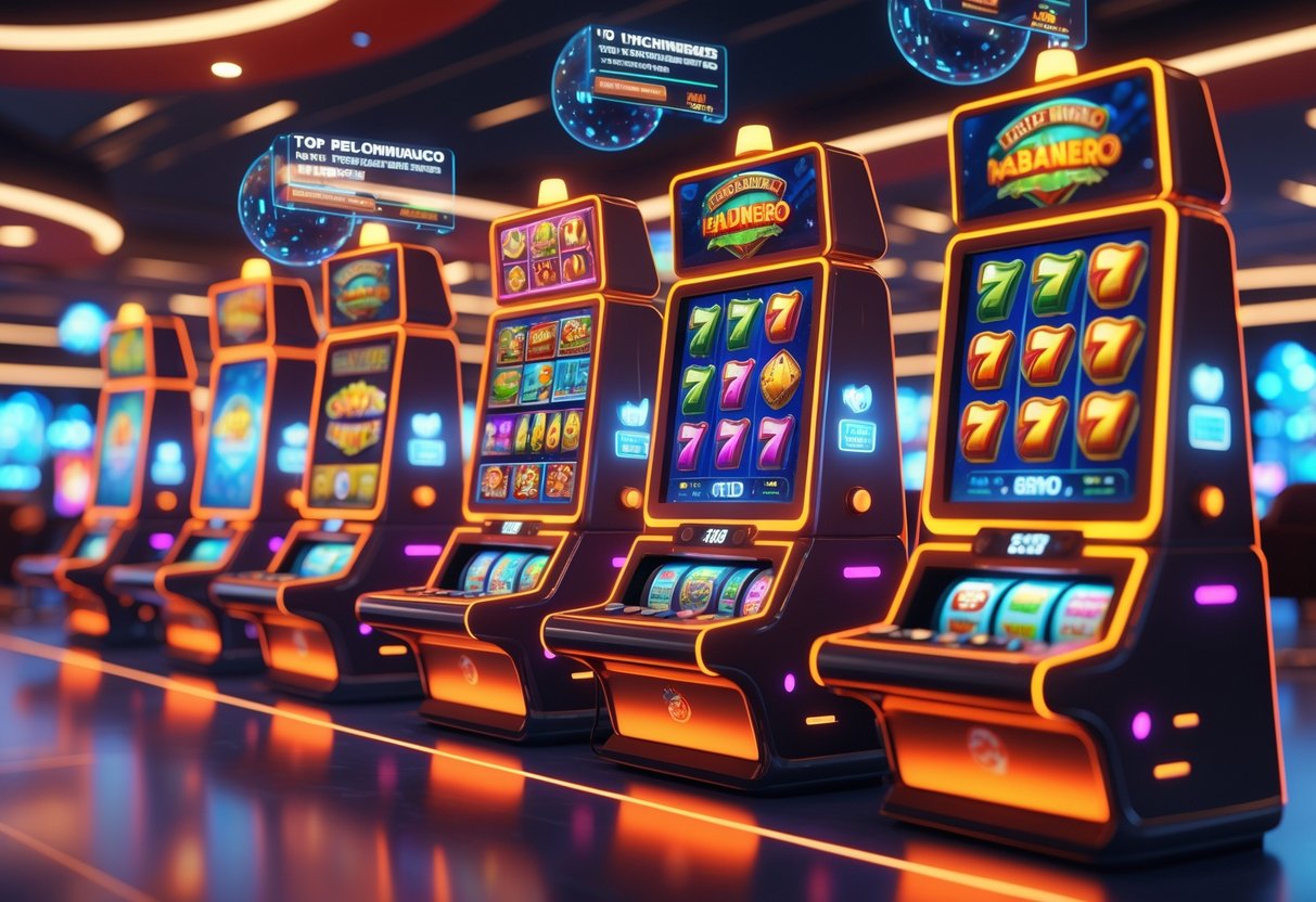 Area kasino dengan beberapa mesin slot berwarna cerah dan simbol permainan Habanero yang populer, menampilkan suasana yang hidup dan menarik.