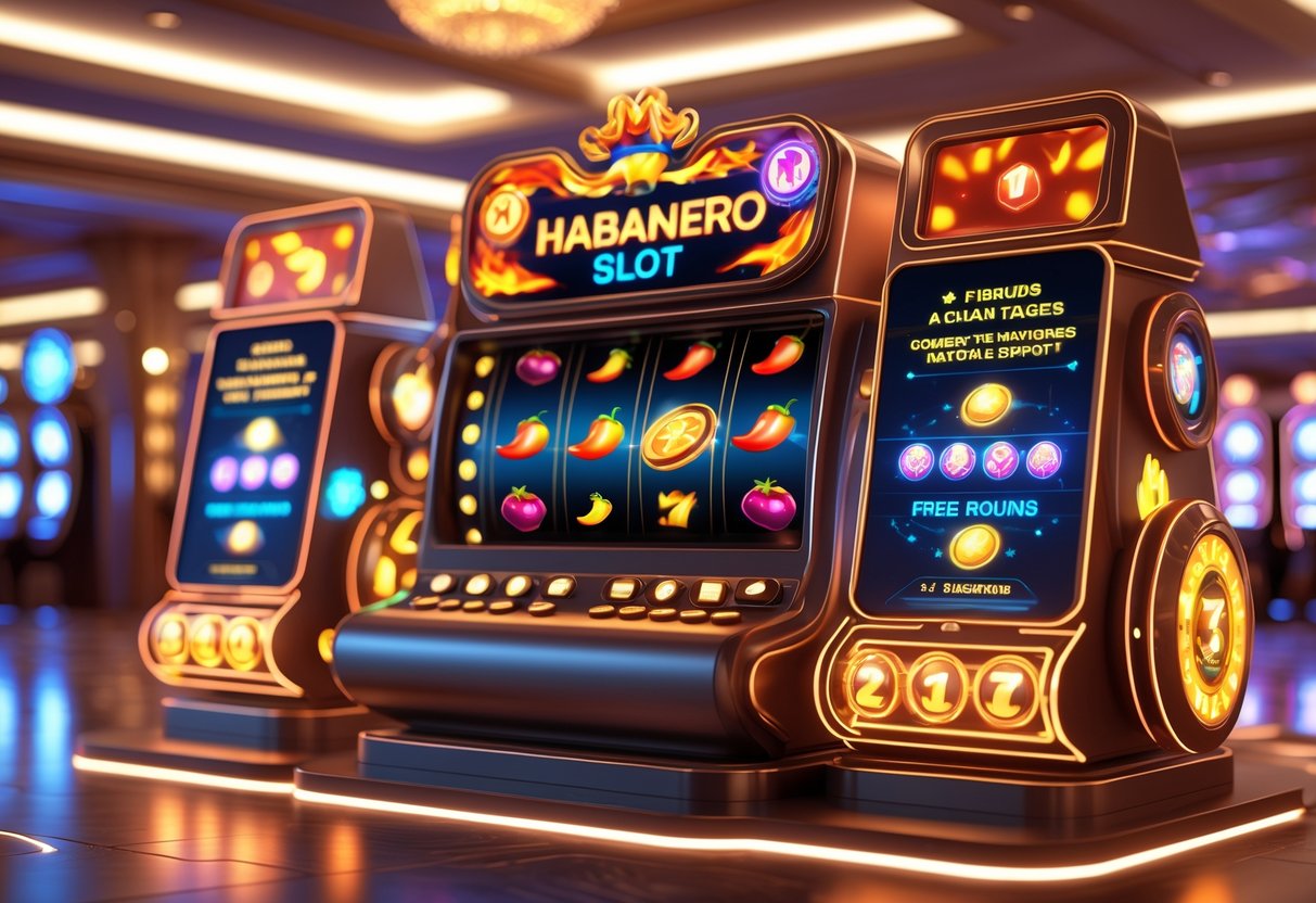 Mesin slot kasino futuristik dengan simbol warna-warni dan ikon fitur utama yang menyala di sekitar mesin di dalam ruangan kasino yang mewah.