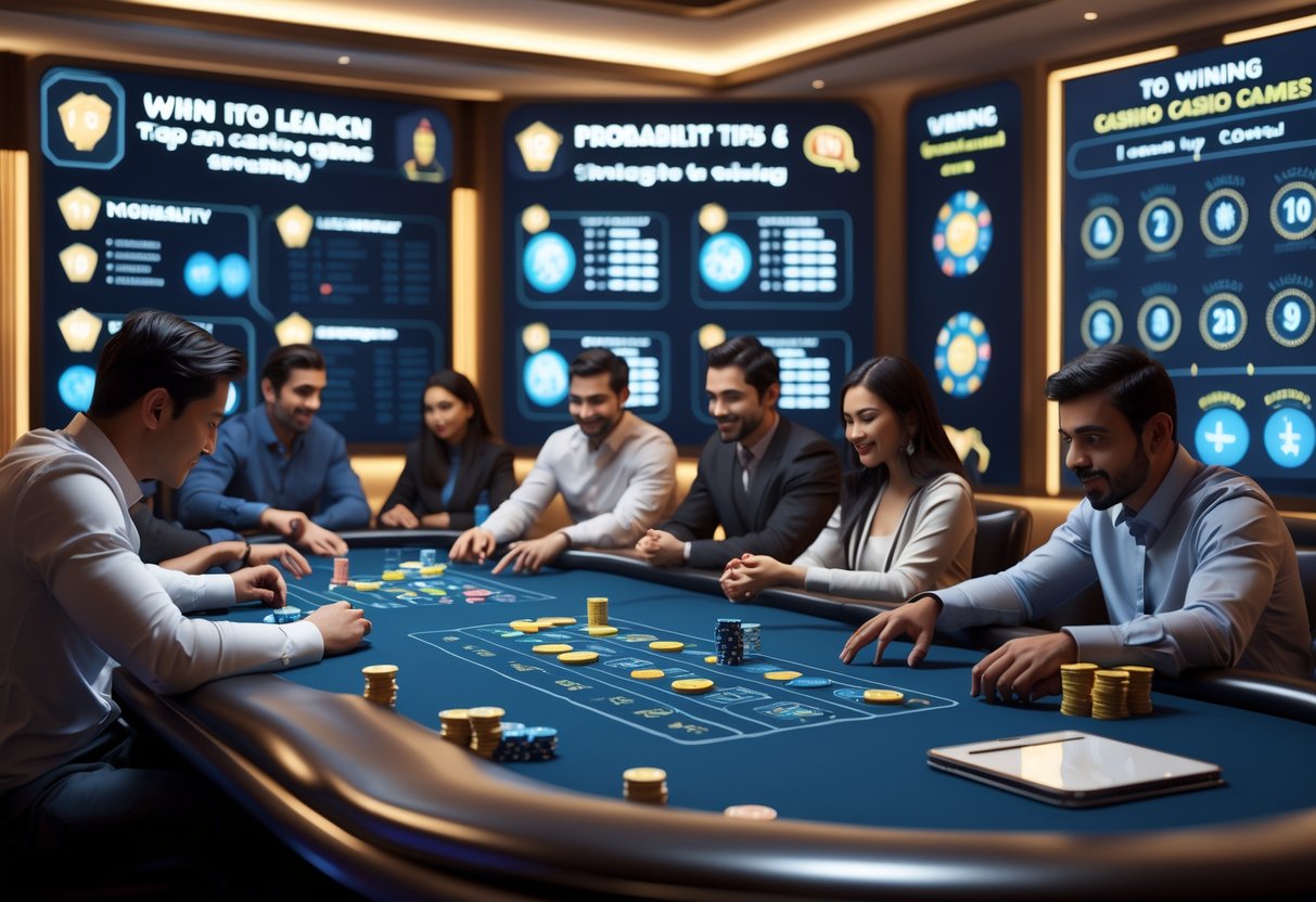 Suasana dalam kasino dengan meja permainan dan pemain yang fokus belajar strategi bermain.