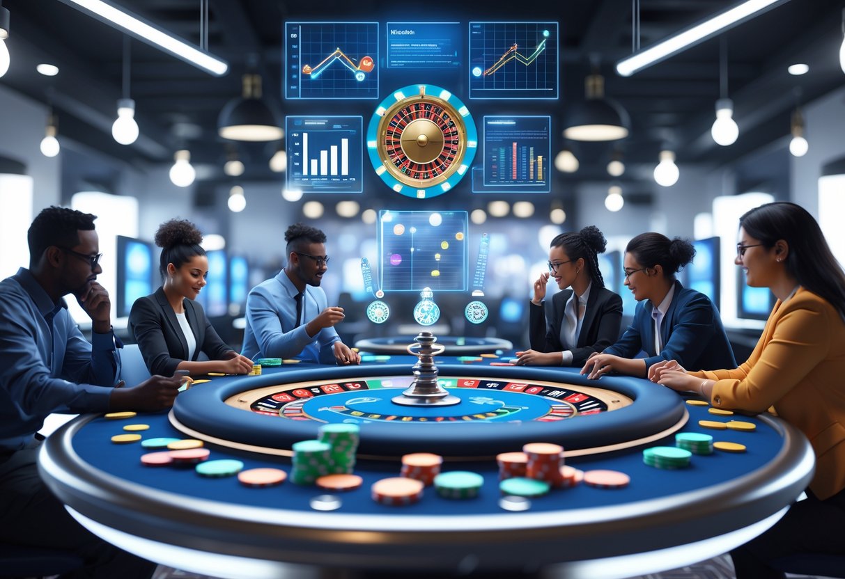 Sebuah meja kasino dengan pemain yang sedang belajar dan bermain dengan strategi, dikelilingi oleh chip poker, kartu, dan roda roulette, dengan elemen edukasi seperti grafik dan buku di sekitarnya.