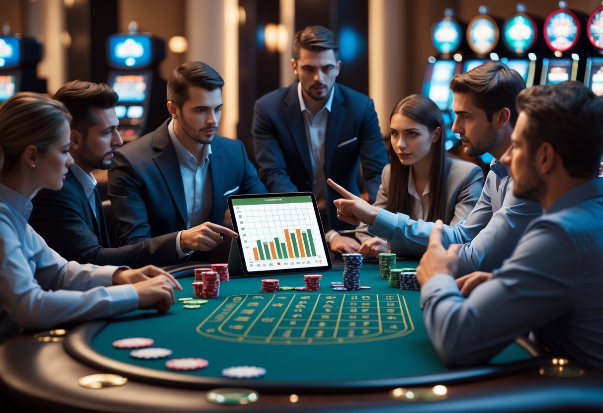Suasana meja kasino dengan pemain yang sedang berdiskusi dan menganalisis strategi permainan menggunakan kartu, chip, dan tablet digital.