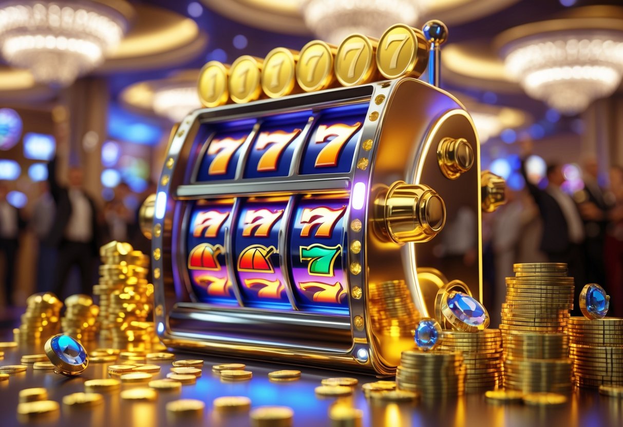 Mesin slot mewah dengan koin emas dan tumpukan uang di sekitarnya, menunjukkan suasana kemenangan dan kekayaan di kasino.