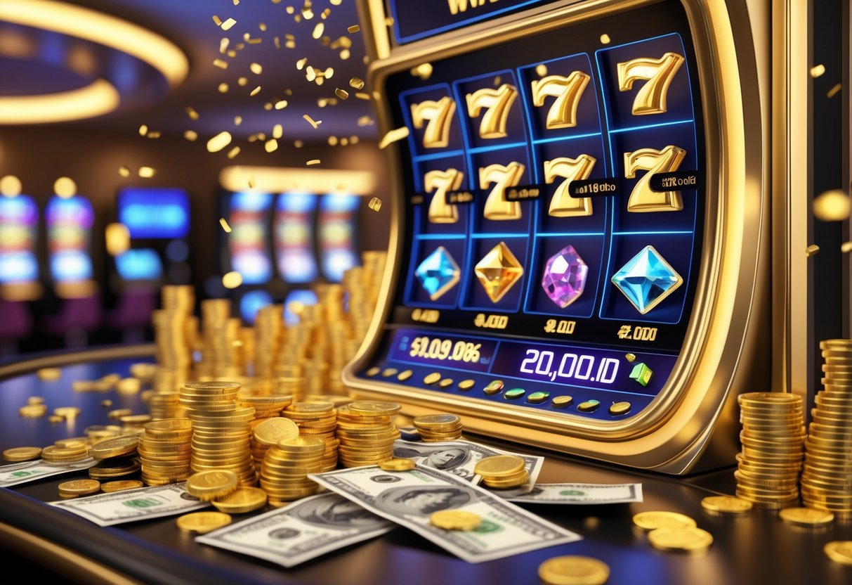 Sebuah mesin slot mewah dengan tumpukan koin emas dan uang di sekitarnya di dalam kasino yang terang dan mewah.