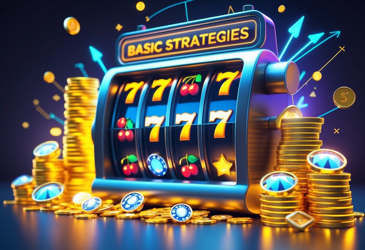 Sebuah mesin slot modern dengan gulungan berwarna-warni, tumpukan koin emas, dan permata yang berkilauan, menggambarkan keberhasilan dan strategi bermain slot.