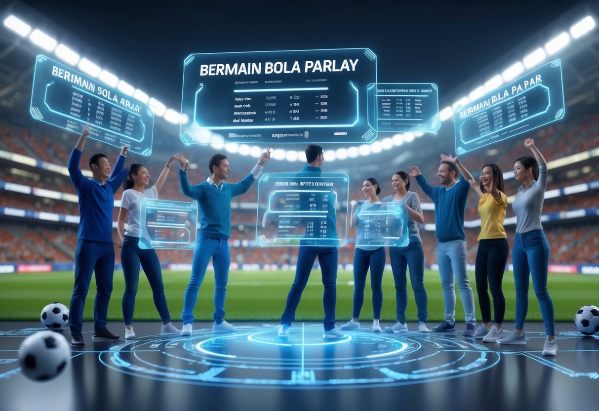 Orang-orang sedang menggunakan antarmuka digital untuk memilih hasil pertandingan sepak bola di stadion yang ramai.