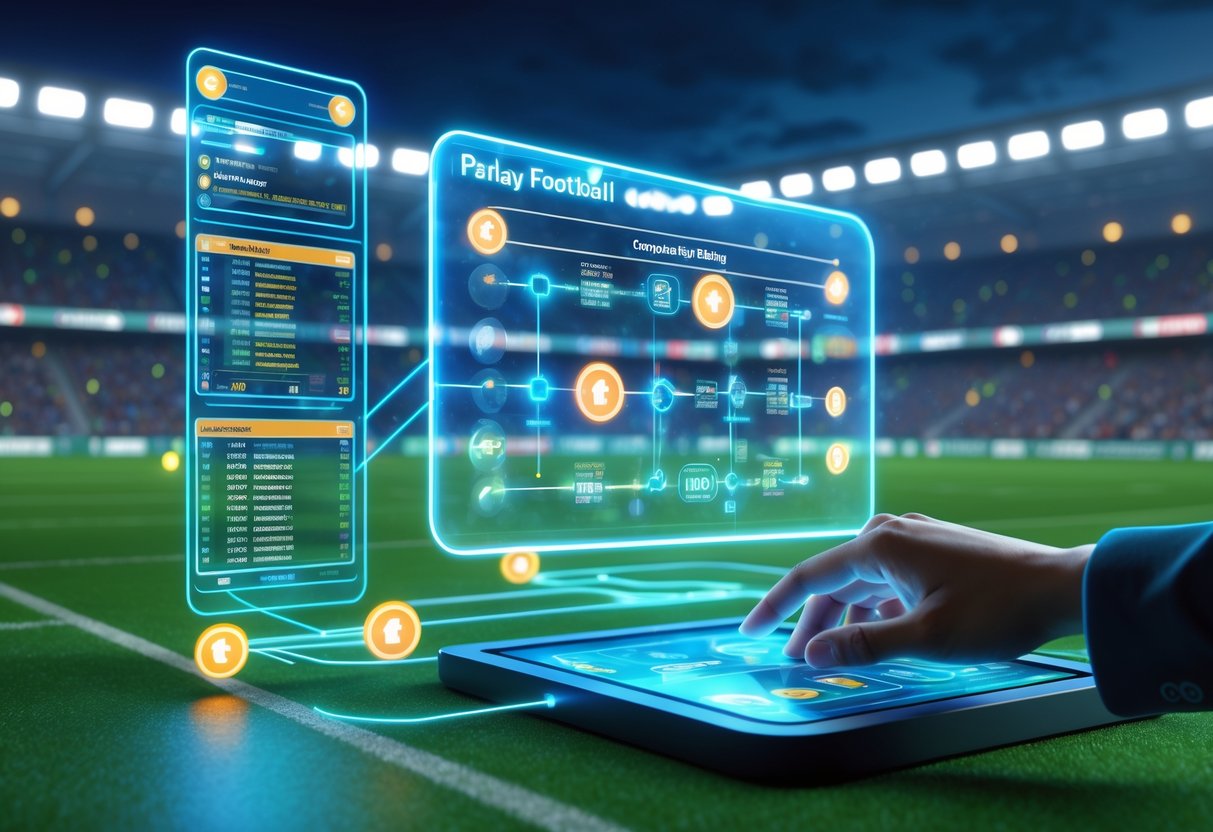 Adegan stadion sepak bola dengan antarmuka digital yang menampilkan pilihan pertandingan yang digabungkan untuk taruhan bola parlay.