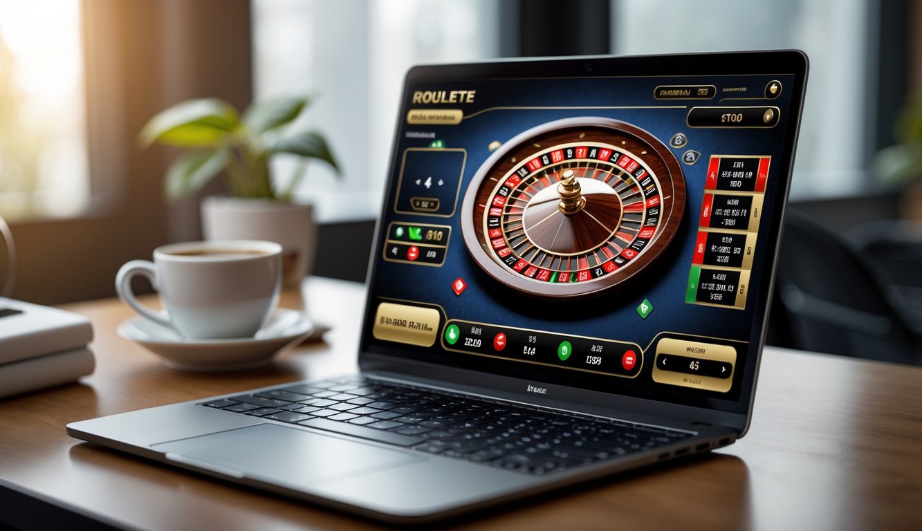 Layar laptop menampilkan permainan roulette Eropa online dengan meja dan roda roulette berwarna merah dan hitam di atas meja kayu.