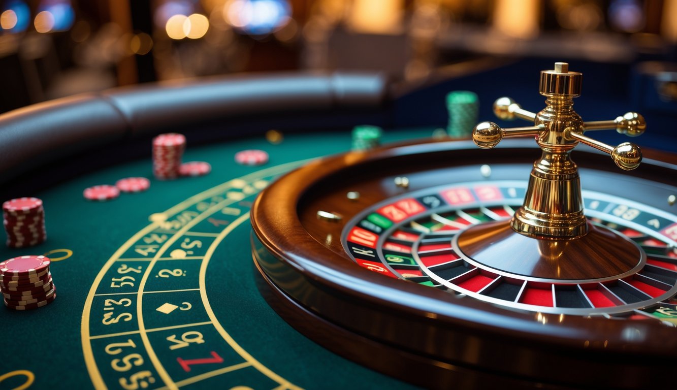 Meja roulette Eropa dengan roda roulette, bola dalam gerakan, dan chip taruhan di atas meja hijau di dalam kasino.