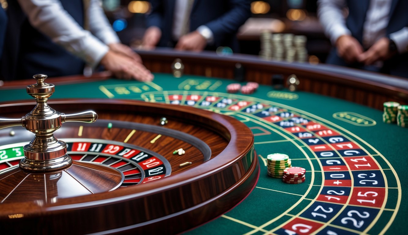 Meja roulette Eropa dengan roda roulette dan bola putih di kasino.