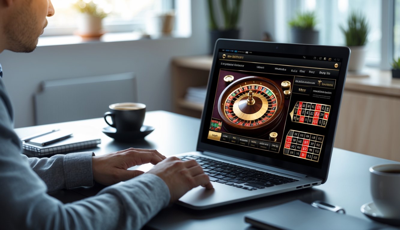 Seseorang sedang bermain roulette Eropa secara online menggunakan laptop di ruang kerja rumah yang terang dan rapi.