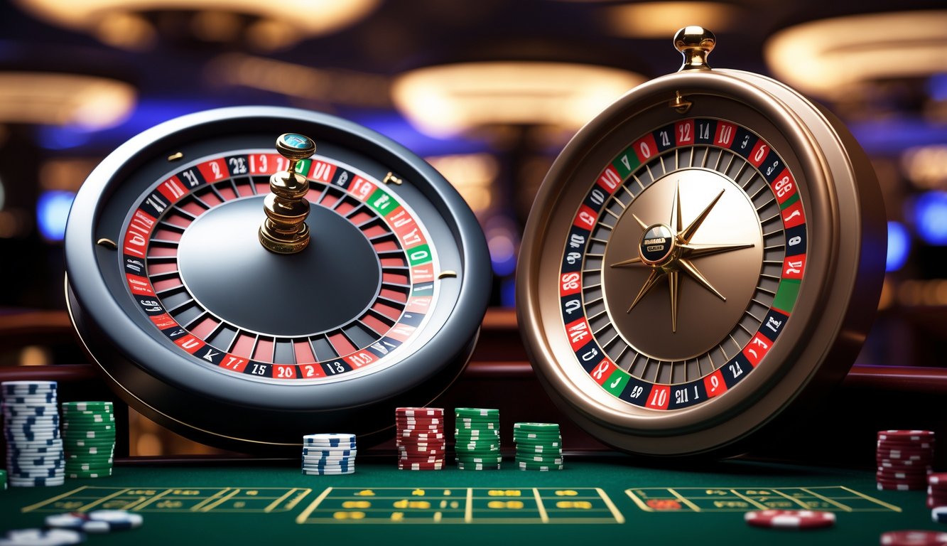 Dua roda roulette berdampingan di atas meja kasino dengan chip taruhan di sekitarnya.
