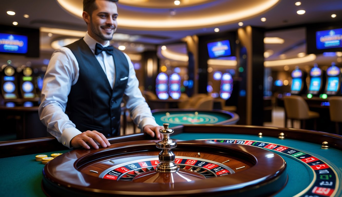 Seorang dealer profesional sedang mengelola meja roulette Eropa dengan roda roulette dan suasana kasino modern di latar belakang.