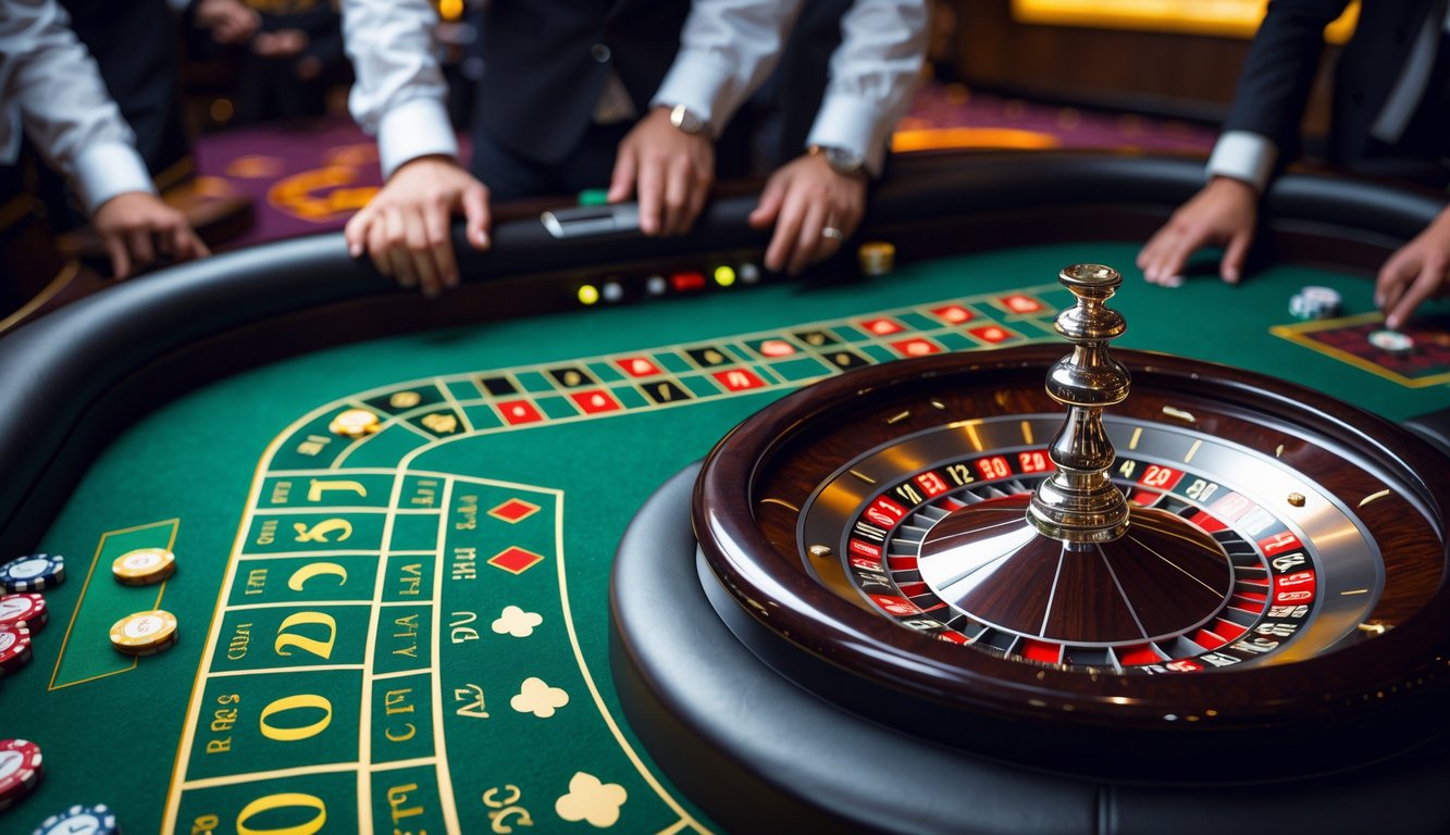 Meja roulette Eropa dengan roda roulette berputar dan dealer serta pemain di kasino langsung.