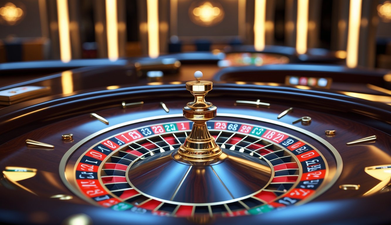 Roda roulette Eropa yang elegan dengan bola putih berputar di kasino online yang mewah dan suasana pencahayaan hangat.