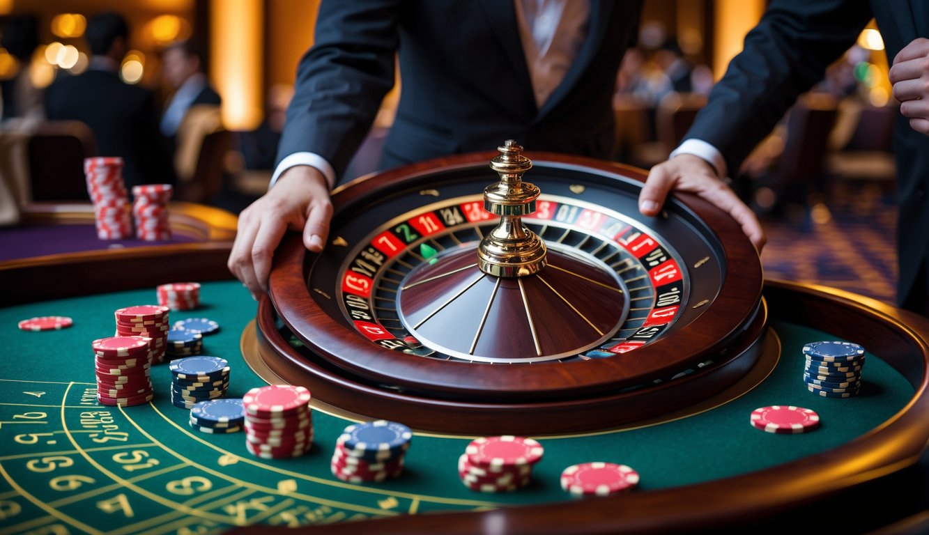 Meja kasino dengan roda roulette Eropa yang menonjol dan tumpukan chip di sekitarnya.