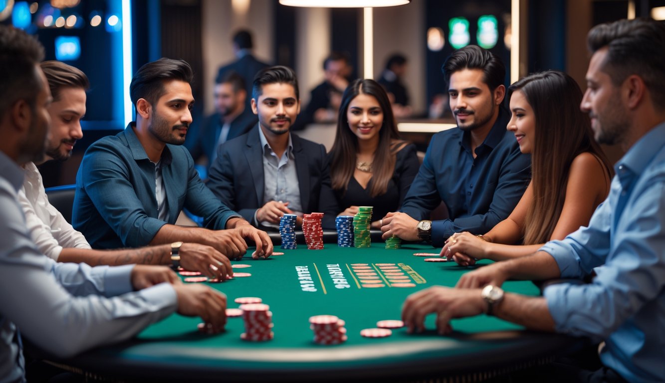 Sekelompok orang bermain poker Texas Hold’em di meja hijau dengan kartu dan chip poker, terlihat fokus dan serius.