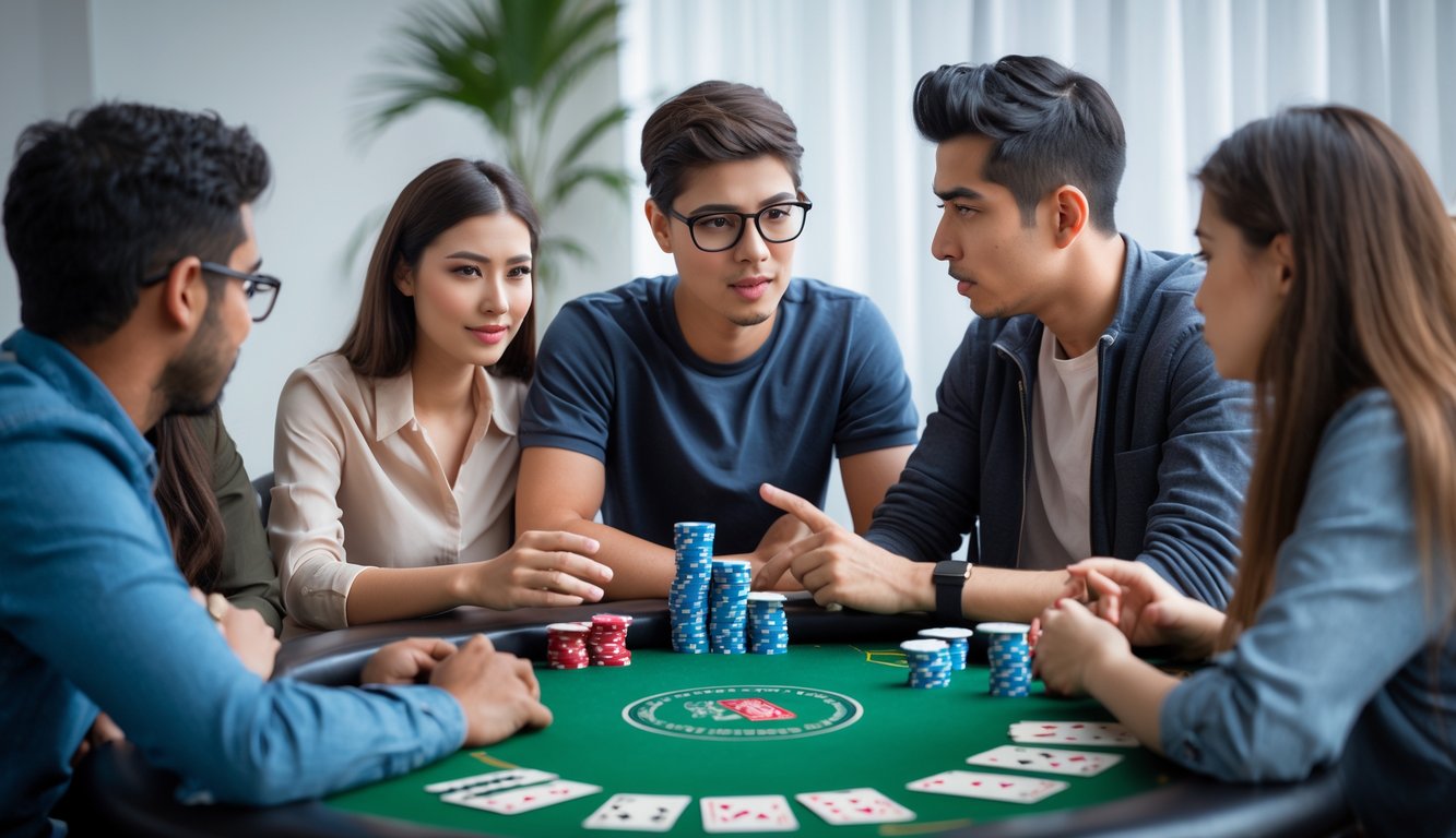 Sekelompok orang sedang belajar bermain Texas Hold'em poker di meja hijau dengan chip dan kartu, suasana ramah dan aman.