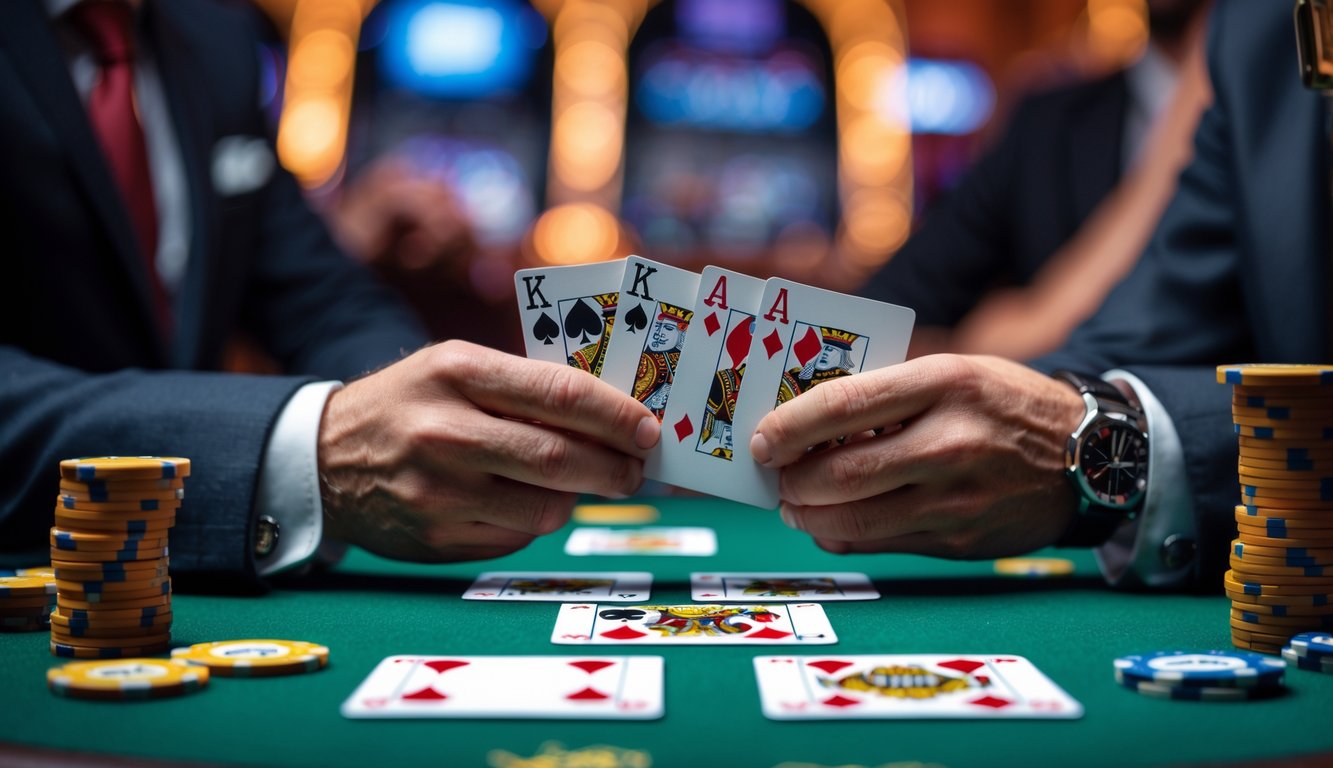 Seorang pemain poker memegang kartu di meja Texas Hold’em dengan tumpukan chip dan lawan yang memperhatikan.