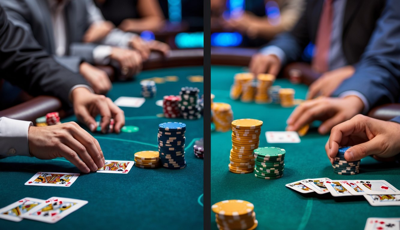 Dua meja poker berdampingan di kasino, satu untuk permainan uang tunai dengan tumpukan chip dan uang tunai, satu untuk turnamen dengan tumpukan chip besar dan jam turnamen, pemain fokus bermain kartu.
