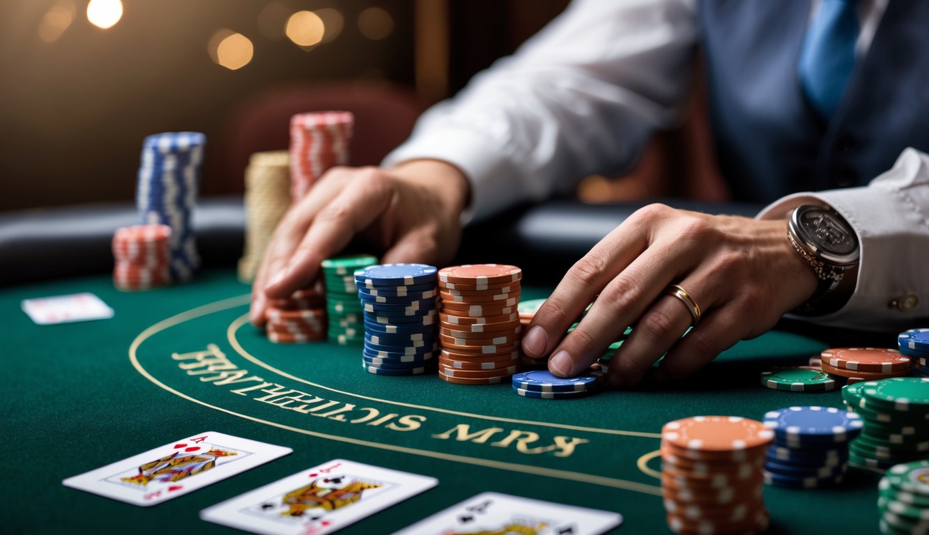 Tangan pemain sedang mengatur tumpukan chip poker di meja permainan Texas Hold’em.