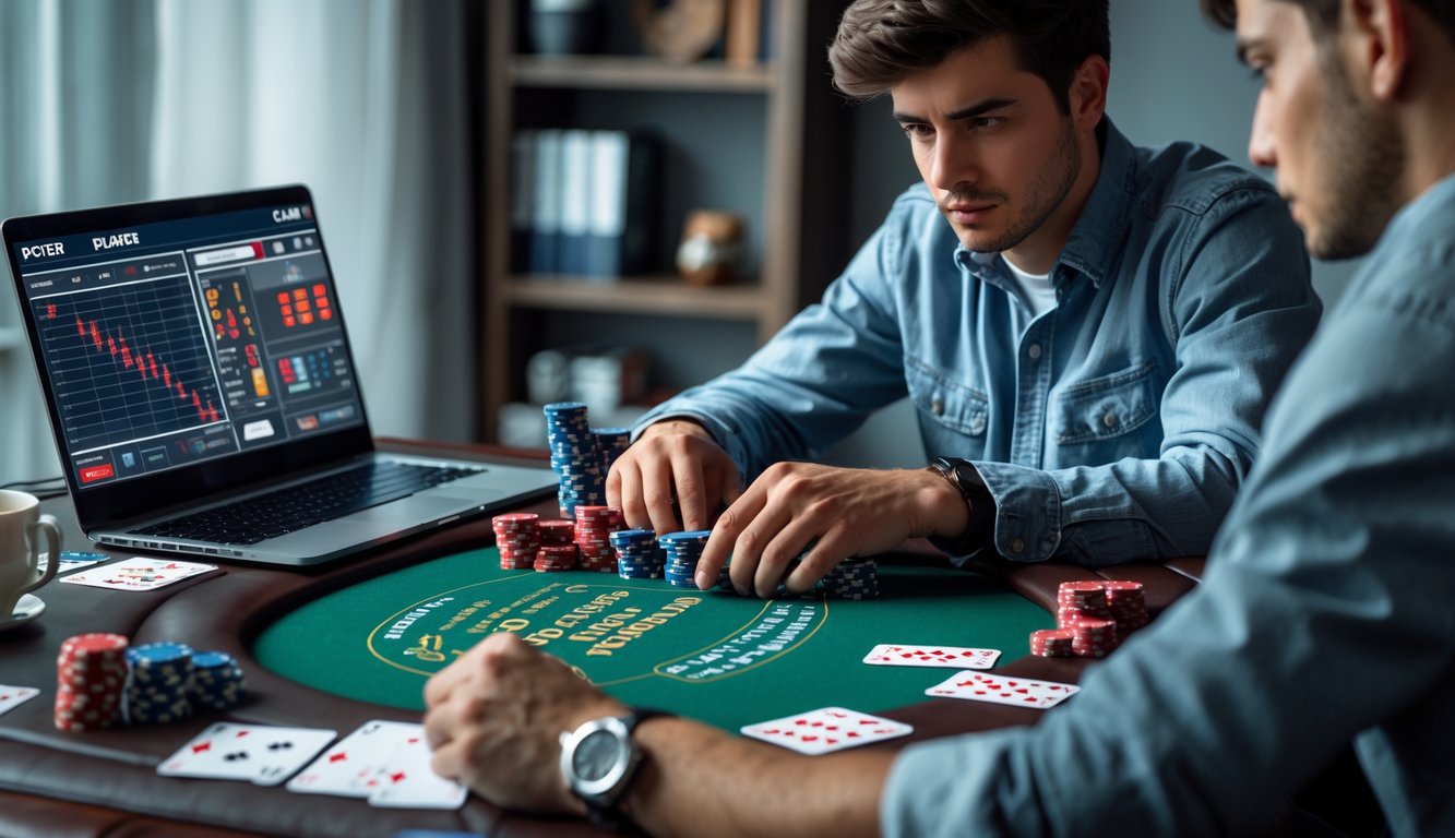 Seorang dewasa muda duduk di meja poker sambil menganalisis permainan Texas Hold’em dengan kartu, chip poker, dan catatan strategi di sekitarnya.