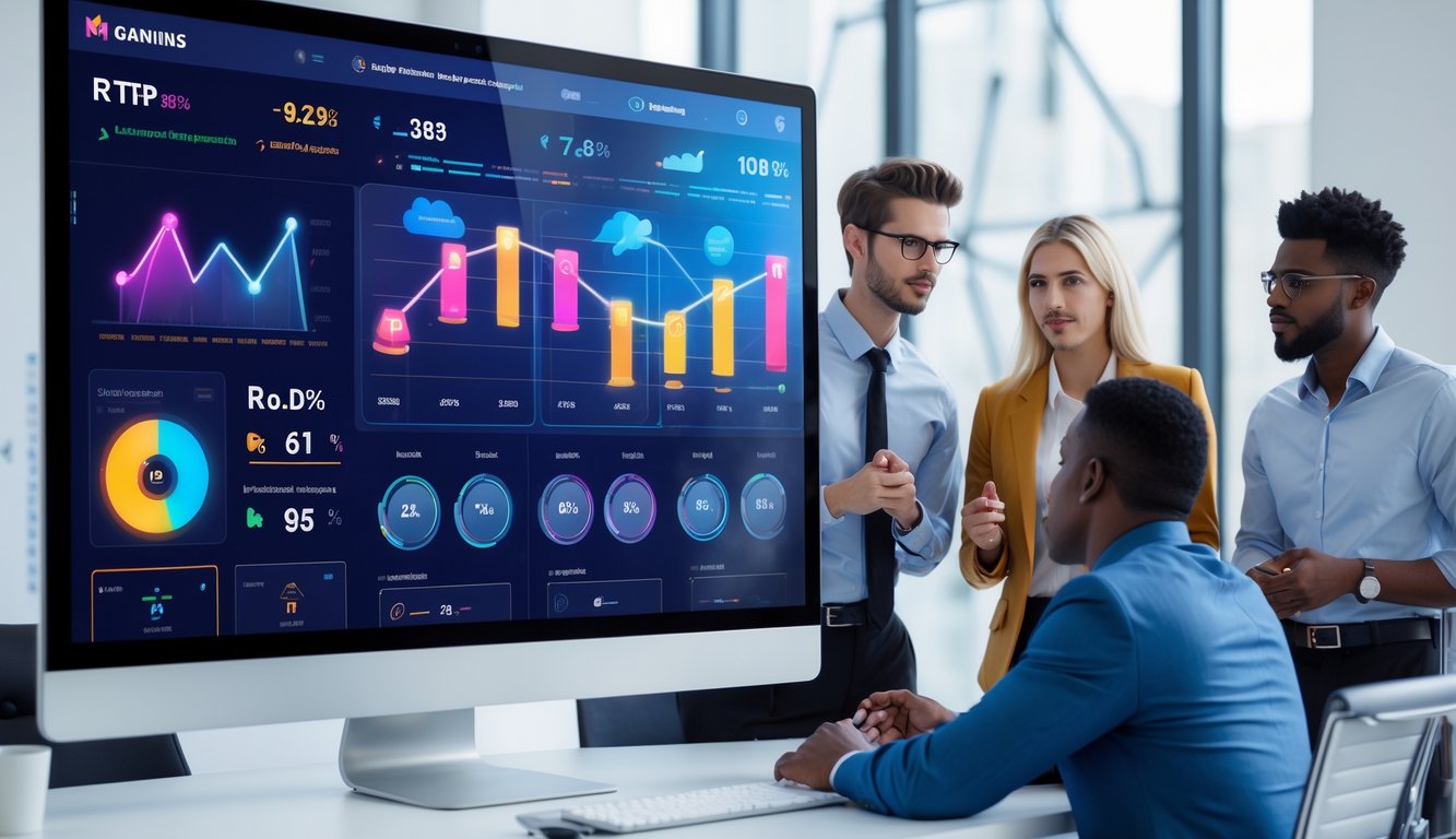 Sekelompok profesional muda sedang berdiskusi di kantor modern dengan layar komputer menampilkan grafik dan data terkait permainan online.