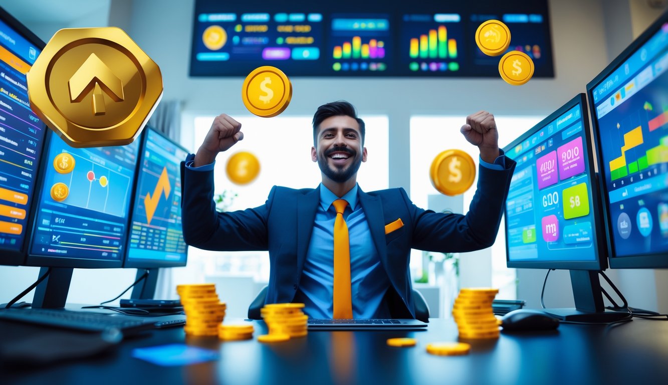 Seorang pria di ruang kerja modern merayakan kemenangan besar dengan layar digital yang menampilkan grafik dan simbol keberuntungan di sekitarnya.