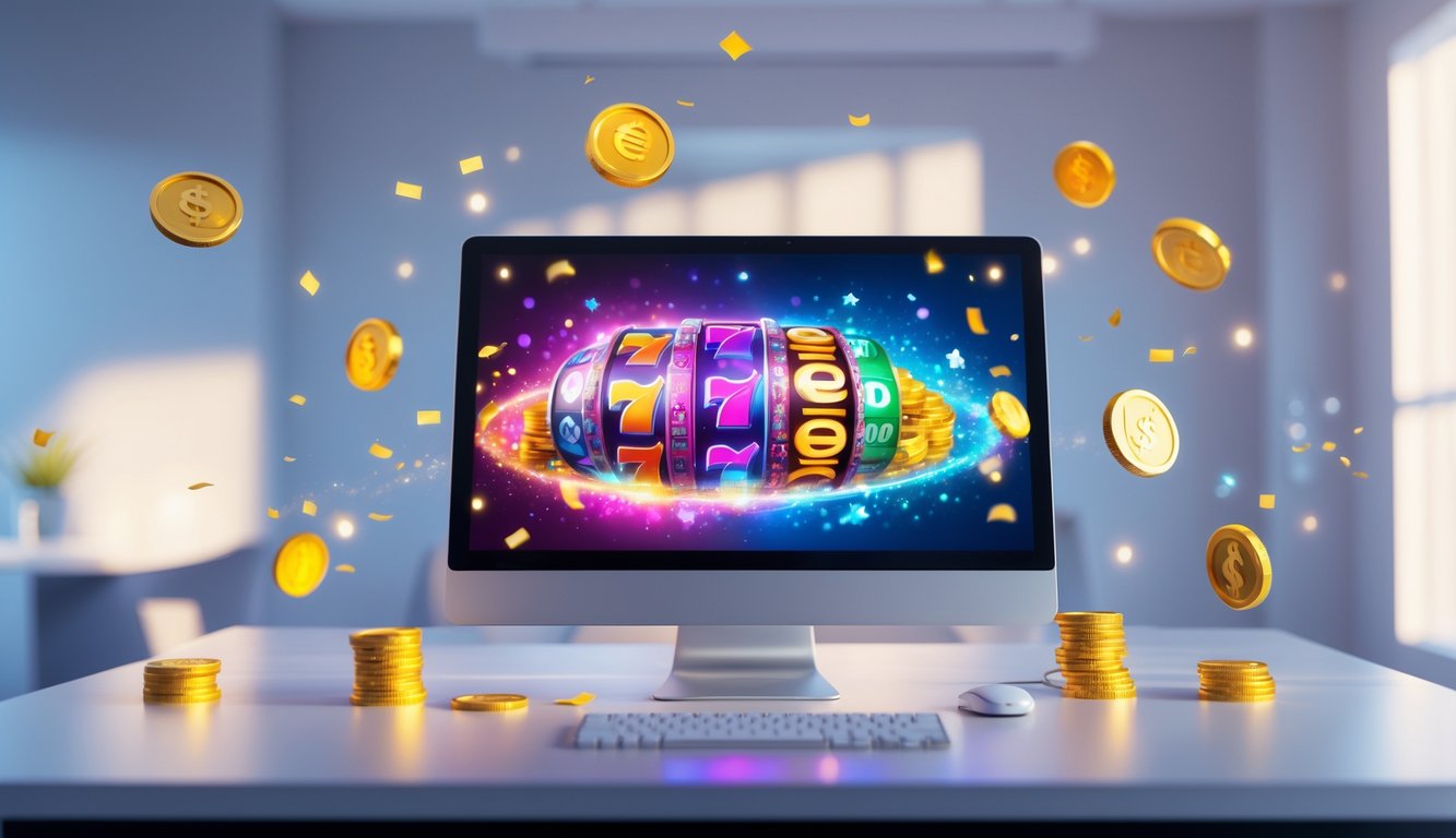 Suasana ruang kerja modern dengan monitor komputer menampilkan grafik permainan slot online yang berwarna-warni, dikelilingi koin digital dan efek konfeti.
