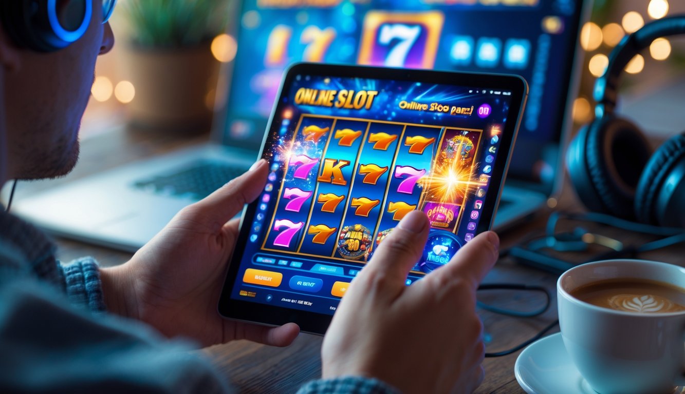Seseorang menggunakan ponsel untuk bermain permainan slot online dengan latar belakang ruangan yang nyaman.